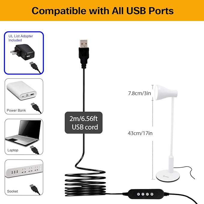 LED Desk Lamp, 3 Lighting Modes and 6 Brightness Levels, 10W Flexible Gooseneck Table Lamp for Living Room and Study, Remote Control with Timing Function, AC Adapter Included (White)