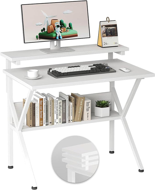 COTUBLR Small Desk, 27.5 Inch Small Computer Desk for Small Spaces, Computer Desk with Adjustable Monitor Stand, Compact Desk with Storage, Tiny Desk Study Desk for Bedroom Home Office, White