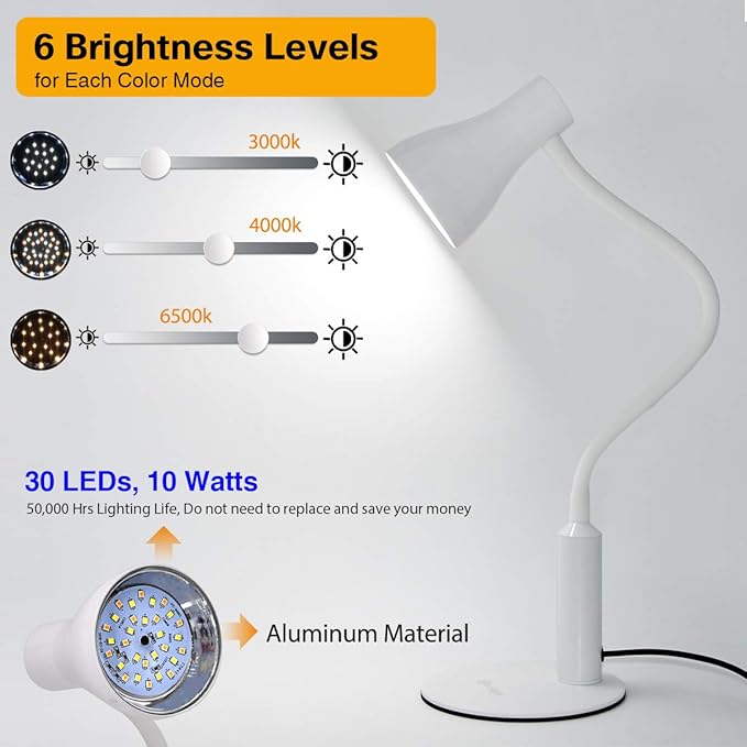 LED Desk Lamp, 3 Lighting Modes and 6 Brightness Levels, 10W Flexible Gooseneck Table Lamp for Living Room and Study, Remote Control with Timing Function, AC Adapter Included (White)