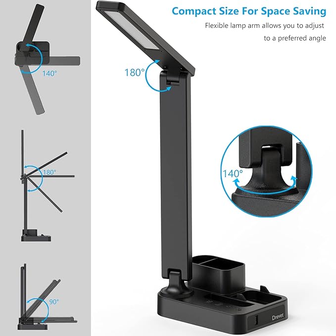 Drevet LED Desk Lamp with Pen Holder, Study Table Light with USB Charging Port, 3 Lighting Modes, 3 Level Brightness,1H Timer, Touch Control, Eye-Caring Lamp, Dorm Room Essential for College Students