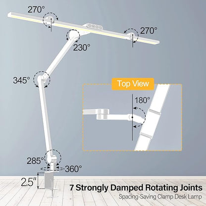 Micomlan Led Desk Lamp for Home Office, White Architect Desk Lamp with Clamp for Crafting, 24W Bright Rotatable Led Desk Light Stepless Dimming Tempering Wide Table Light with Atmosphere Lighting