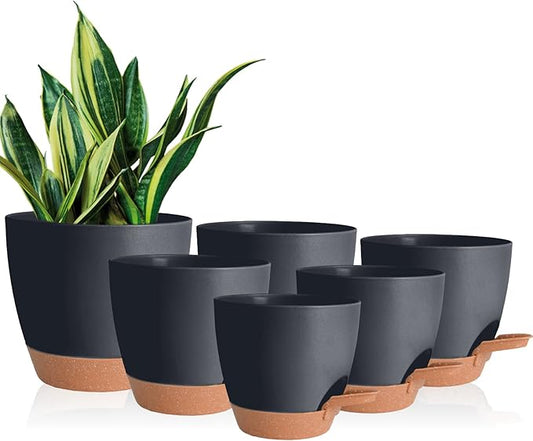 Planters for Indoor Plants, 8/7/6.5/6/5.5/5 Inch Self Watering Plant Planters with Drainage Hole, Plastic Planters Flower Pots for Indoor Outdoor Plants (Black)