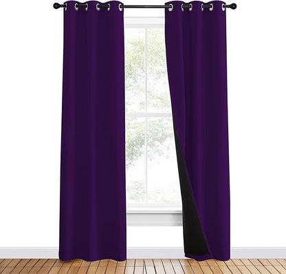 NICETOWN 100% Blackout Curtains with Black Liner Backing, Thermal Insulated Curtains for Living Room, Noise Reducing Drapes, Royal Purple, 37" Wide x 80" Long Per Panel, Set of 2 Panels