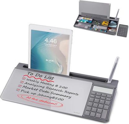 Small Glass Desktop Whiteboard Dry-Erase-Board - Computer Keyboard Stand with Calculator White Board Surface Pad with Drawer, Desk Organizers with Accessories for Office, Home, School Supplies