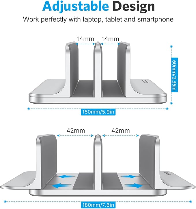 OMOTON [Updated Dock Version Vertical Laptop Stand, Double Desktop Stand Holder with Adjustable Dock (Up to 17.3 inch), Fits All MacBook/Surface/Samsung/HP/Dell/Chrome Book (Silver)