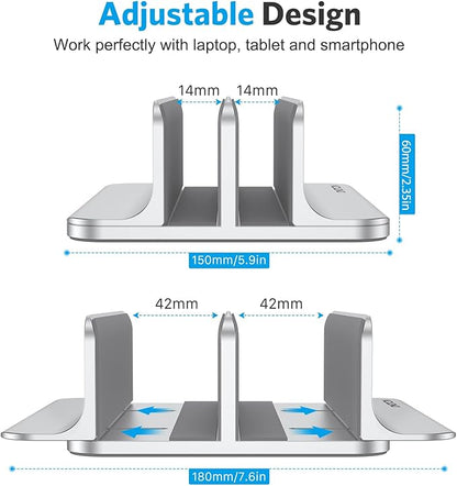 OMOTON [Updated Dock Version Vertical Laptop Stand, Double Desktop Stand Holder with Adjustable Dock (Up to 17.3 inch), Fits All MacBook/Surface/Samsung/HP/Dell/Chrome Book (Silver)