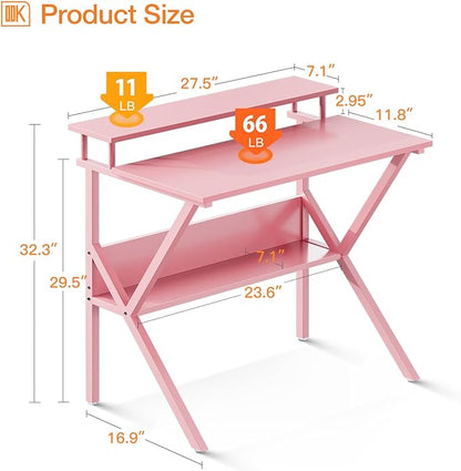 ODK Small Desk, 27.5 Inch Small Computer Desk for Small Spaces, Compact Desk with Storage, Tiny Desk Study Desk with Monitor Stand for Home Office, Pink