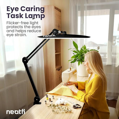 Neatfi XL 2,200 Lumens LED Desk Lamp with Clamp, 24W Bright Architect Task Lamp, 20 Inches Dimmable Computer Light, Adjustable Desk Light for Home, Office, Crafts, Nails & Hobbies (Non-CCT, Black)