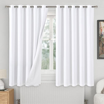 Extra Wide 100% Blackout Curtains for Bedroom 63 Inch Length 2 Panels Set, Thermal Insulated Full Light Blocking Soundproof Grommet Window Curtains for Living Room, Each 60 Inch Wide, White