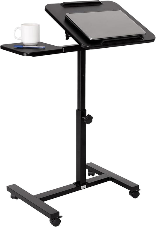 Seville Classics Airlift Height Adjustable Mobile Rolling Laptop Cart Computer Workstation Desk, Table for Home, Office, Classroom, Hospital, w/Wheels, Black, Tilt w/Side Table (28") (New Model)