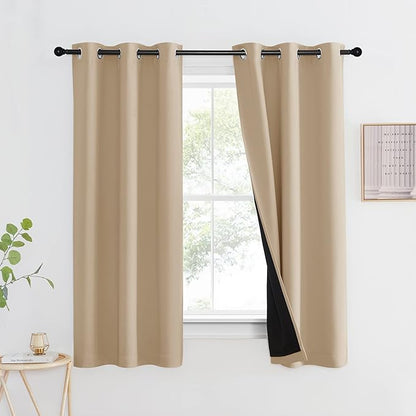 NICETOWN Room Warming Curtain, Bedroom Full Blackout Panel, Super Thick Insulated Window Cover, Complete Blackout Drapery with Black Liner for Short Window(Biscotti Beige, 1 PC, 42 by 63-inch)