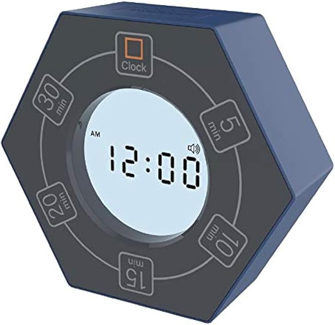 Hexagon Rotating Productivity Timer with Clock, Pomodoro Timer with 5, 10, 15, 20, 30 Minute Presets, Timer for People with ADHD (Blue)