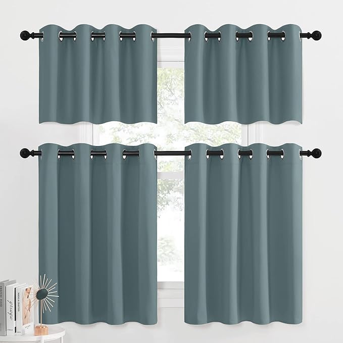 NICETOWN 52 Wide Small Curtains 36 Inches Long for Shelves RV Bathroom Kitchen Room Darkening Grommet Set 2 Panels Blackout Short Tier Curtain for Bedroom Cabinet Basement, Greyish Blue