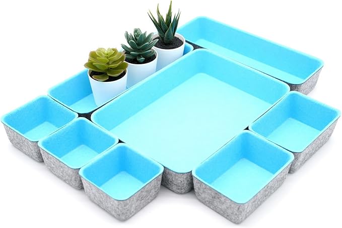 Welaxy desk drawer organizers tray dividers small felt storage box sturdy soft bin for office suppliers entryway catchall key holder makeup crafts pens decluttering 8-piece gift idea (Baby blue)