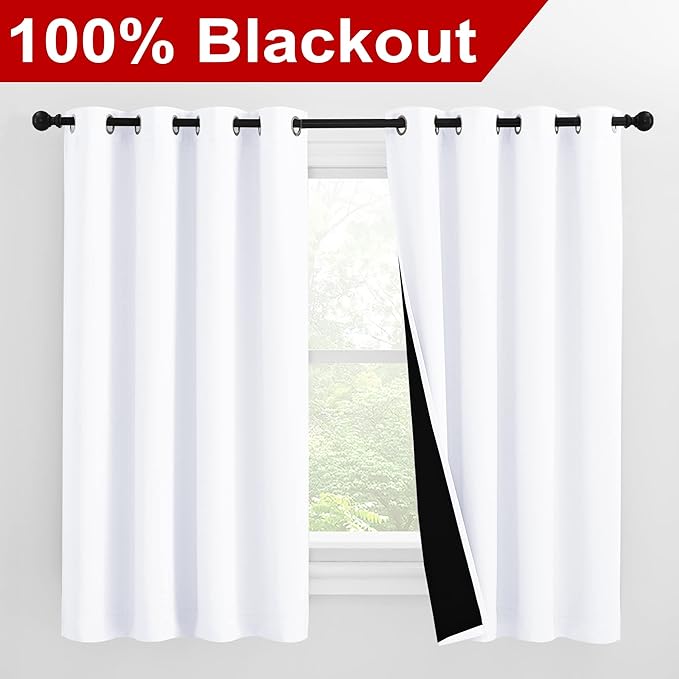 NICETOWN 100% Blackout Curtains 57 inches Long, Double-Deck Completely Blackout Window Treatment Thermal Insulated Lined Drapes for Small Window (White, 1 Pair, 55 inches Width Each Panel)