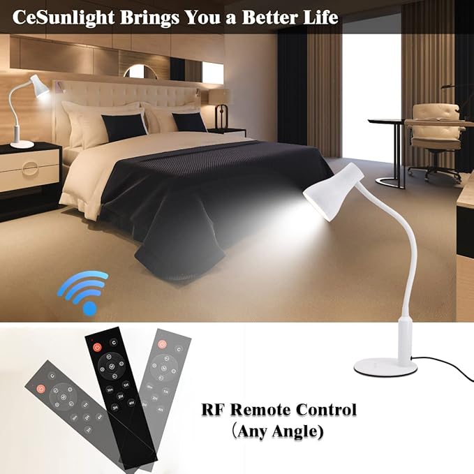 LED Desk Lamp, 3 Lighting Modes and 6 Brightness Levels, 10W Flexible Gooseneck Table Lamp for Living Room and Study, Remote Control with Timing Function, AC Adapter Included (White)