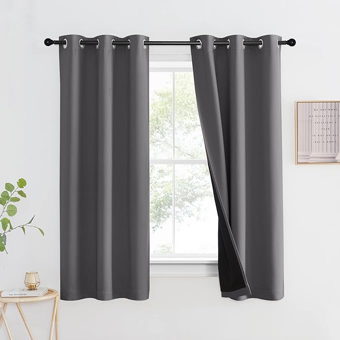 NICETOWN 100% Blackout Curtain with Black Liner, Thermal Insulated Full Blackout 2-Layer Lined Drape, Energy Efficiency Window Drapery for Bedroom (Grey, 1 Panel, 42-inch W by 63-inch L)