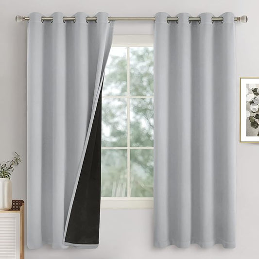 Light Grey Blackout Curtains for Bedroom 63 Inch Length 2 Panels, Thermal Insulated 100% Room Darkening Light Blocking Soundproof Grommet Bedroom Window Curtains, Each Heavy Panel 52 Inch Wide