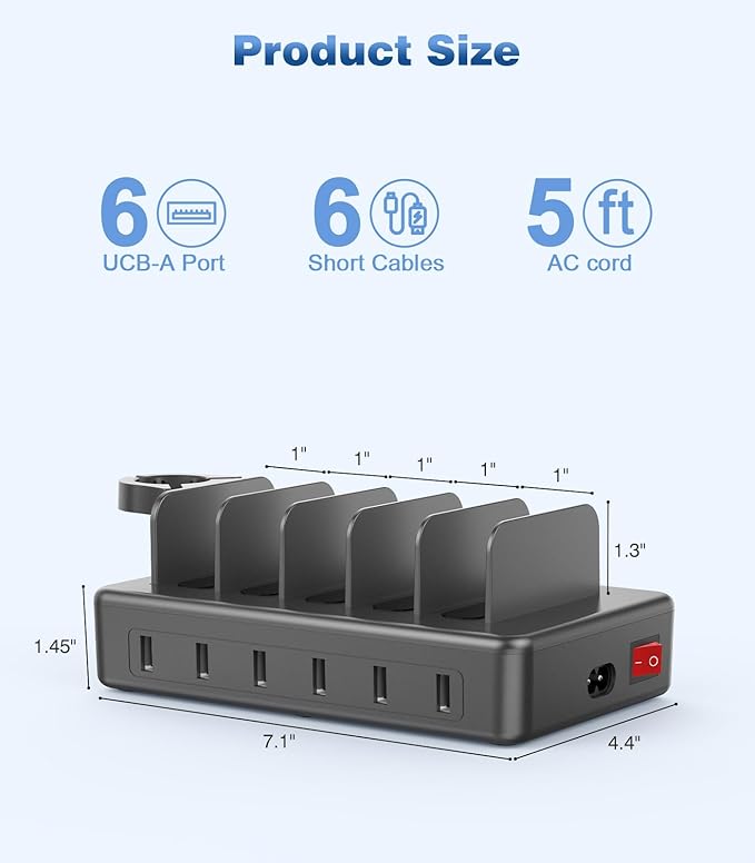 CREATIVE DESIGN 50W Fast Charging Station, 6 Port Apple Charging Station for Multiple Devices Compatible with iPhone,iPad, Tablet,Kindle ect,with 6 Short Cables and Apple Watch Holder（Space Gray）