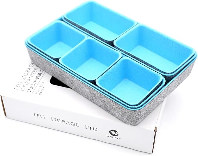 Welaxy desk drawer organizers tray dividers small felt storage box sturdy soft bin for office suppliers entryway catchall key holder makeup crafts pens decluttering 8-piece gift idea (Baby blue)