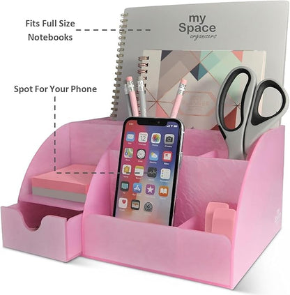 Pink Desk Organizer Office, Acrylic, with Drawer, 9 Compartments, Supplies and Cool Desk Accessories Organizer, Desktop Pen Holder (Pink)