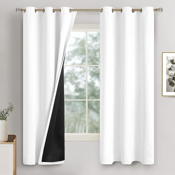 White Blackout Curtains for Bedroom 63 Inch Length 2 Panels Set, Thermal Insulated 100% Light Blocking Soundproof Grommet Window Curtains for Living Room, Each 42 Inch Wide