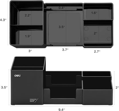 deli Desk Organizer, Plastic Desktop Organizer with Pencil Holder and Sticky Note Tray, Office Stationery Supplies Organizers Accessories Caddy, 6 Compartments, Black