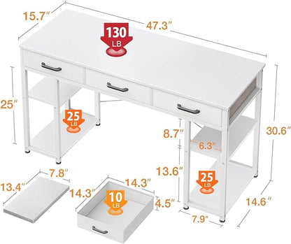 ODK Office Small Computer Desk: Home Table with Fabric Drawers & Storage Shelves, Modern Writing Desk, White, 48"x16"