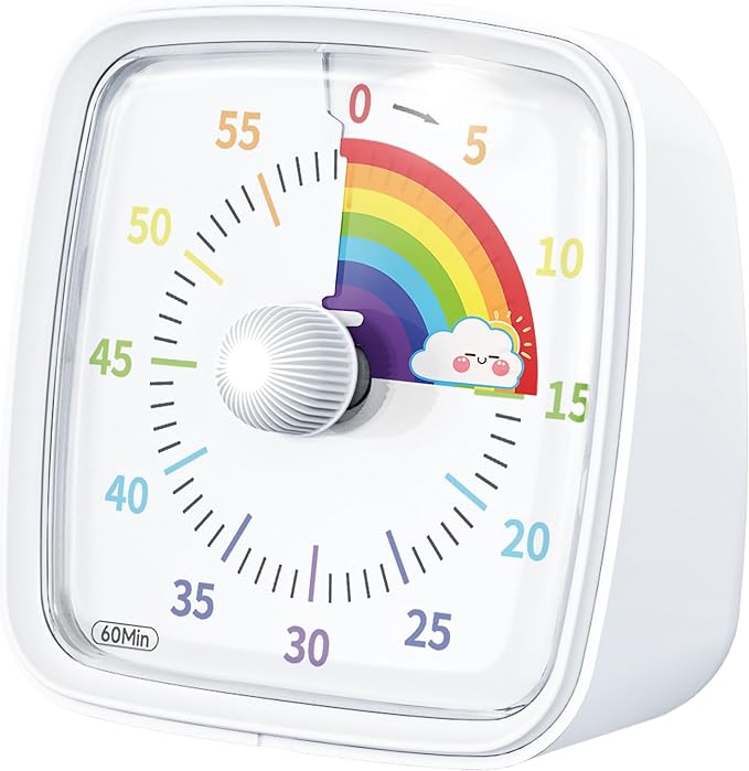 Yunbaoit Visual Timer with Night Light, 60-Minute Countdown Timer for Kids and Adults, Silent Classroom Timer, Pomodoro Timer with Rainbow Pattern for Home, School, Kitchen, or Office (White)