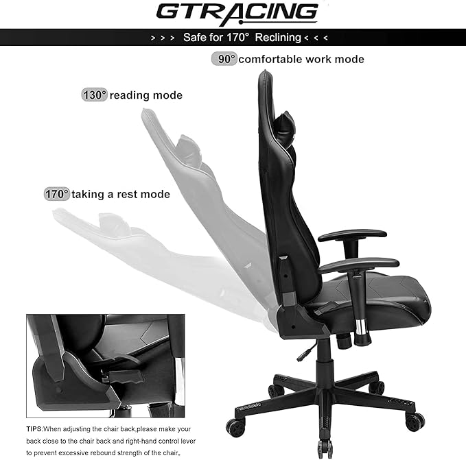 GTRACING Gaming Chair Racing Office Computer Ergonomic Video Game Chair Backrest and Seat Height Adjustable Swivel Recliner with Headrest and Lumbar Pillow Esports Chair,Black