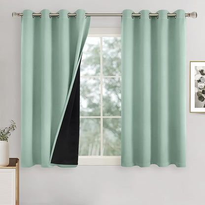 Frosty Green Blackout Curtains for Bedroom 54 Inch Length 2 Panels, Thermal Insulated 100% Light Blocking Soundproof Grommet Window Curtains for Living Room with Black Liner, Each 52 Inch Wide