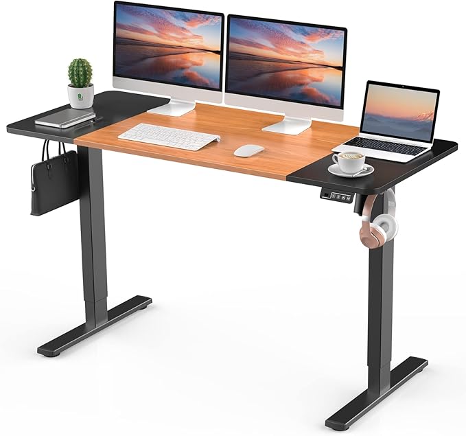 Electric Standing Desk, 55" x 23.6" Height Adjustable Sit Stand Desk with Splice Board for Home Office, Computer Desk Memory Preset (Black Frame, Black & Cherry Desktop)