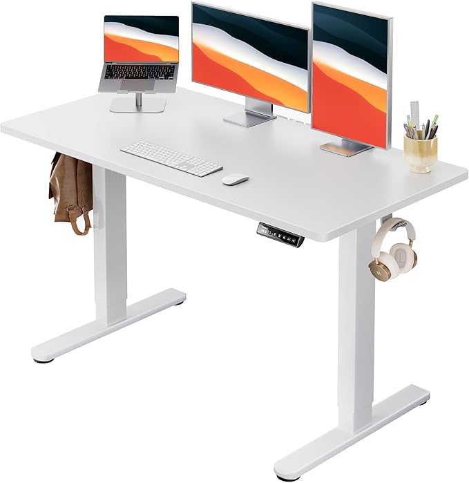 HUANUO Electric Standing Desk, 48" x 24" Whole Piece Desktop, Adjustable Height Computer Desk, 4 Height Memory Settings, Sit Stand Up Desk for Home Office, White