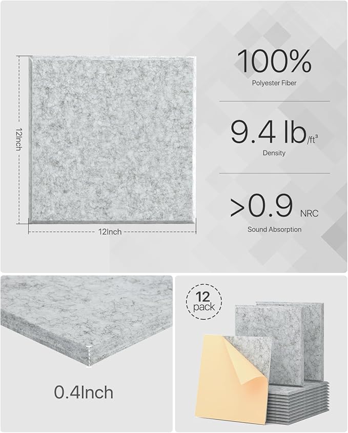 Acoustic Panels 12 Pack Soundproof Wall Panels Self-Adhesive, Square Acoustic Foam Panels High Density Sound Proof Foam Panels for Home Office, Reccording Studio, Ceiling 12" X 12" X 0.4" Grey