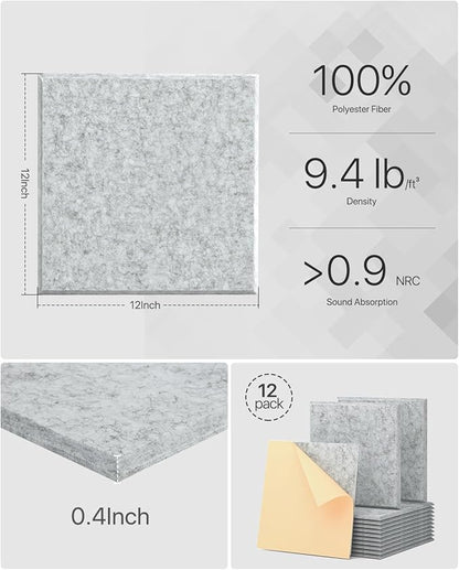 Acoustic Panels 12 Pack Soundproof Wall Panels Self-Adhesive, Square Acoustic Foam Panels High Density Sound Proof Foam Panels for Home Office, Reccording Studio, Ceiling 12" X 12" X 0.4" Grey