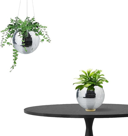 4inch Disco Ball Hanging Planter Home Decor,Disco Ball Planters Silver Hanging Pots Basket for Indoor Plants with with Chain Hook Wooden Stand for Desk, Includes Plastic Self Watering Insert