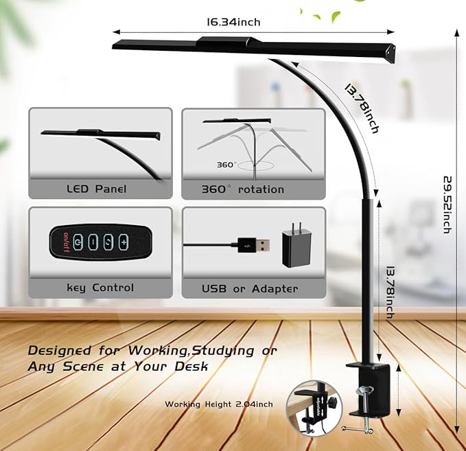 LED Desk Lamps for Home Office Eye-Caring Architect Lamp with Clamp 3 Colors 10 Brightness Adjustable Gooseneck Table Light with Key Control Workbench LED Reading Lamp