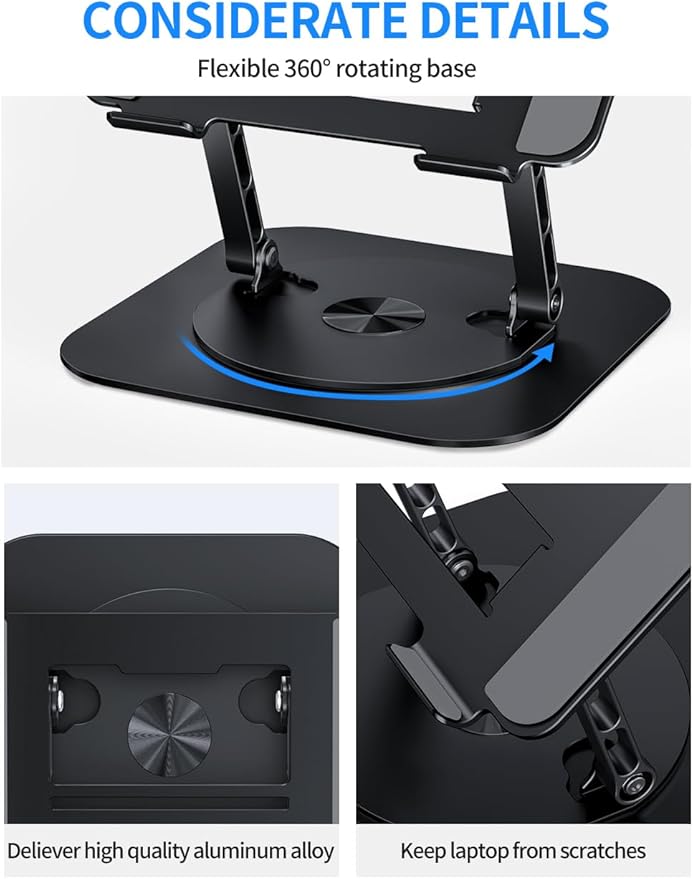 Adjustable Laptop Stand with 360 Rotating Base, Computer Stand for Laptop Ergonimic Foldable Laptop Riser for Desk Compatible with MacBook Pro/Air Notebook up to 16 Inches, Black