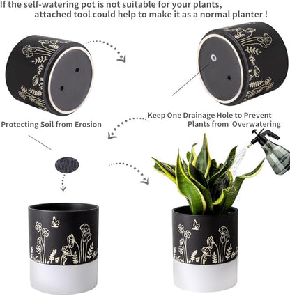 Nihow Self Watering Plant Pot: 6 Inch Ceramic Planter with Drainage Hole & Water Storage Plus for Indoor & Outdoor Plants - Cylinder Round Flower Pot for Succulent/Herbs/Violets -Black