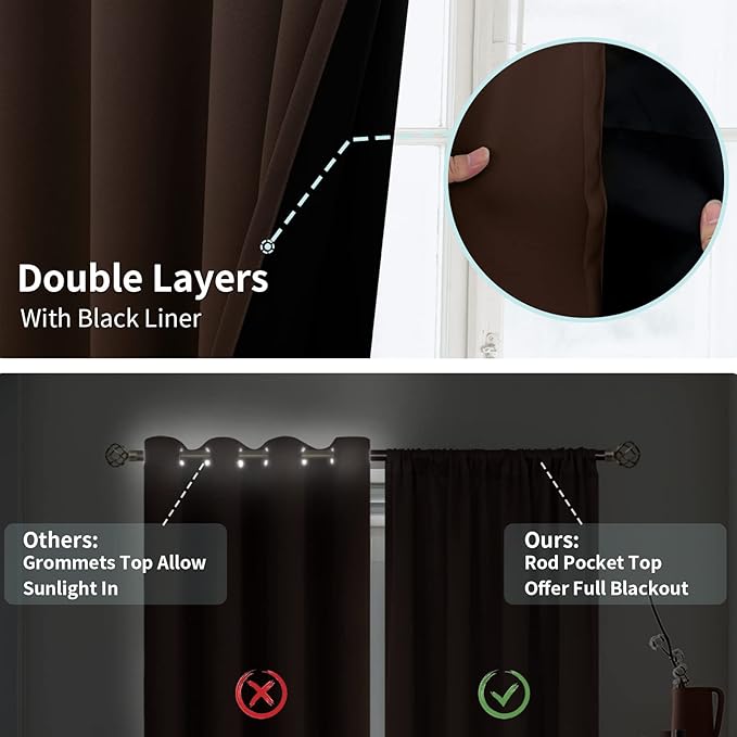 BGment Brown Blackout Curtains for Bedroom with Insulated Liner, Double Layer 100% Black-Out Bedroom Curtains Sun Blocking Window Curtains with Rod Pocket (52 x 45 Inch, Brown, 2 Panels)