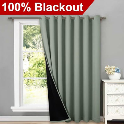 NICETOWN Greyish Green Full Shading Extra Wide Curtains for Patio Door, Super Heavy-Duty Thermal Backing Sliding Glass Door Drape, Privacy Assured Window Treatment(1 Panel, 100 inches W x 84 inches L)