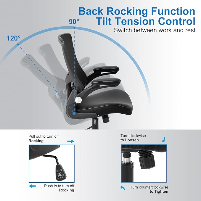 Office Chair Ergonomic Desk Chair, Computer PU Leather Home Office Desk Chair, Mesh Adjustable Lumbar Support Flip-up Armrests Executive Task Chair