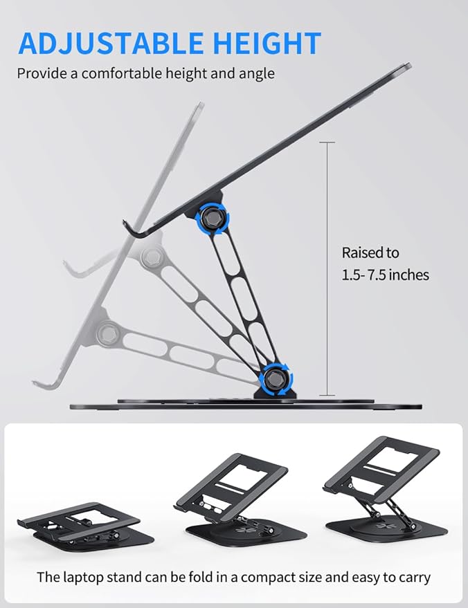 Adjustable Laptop Stand with 360 Rotating Base, Computer Stand for Laptop Ergonimic Foldable Laptop Riser for Desk Compatible with MacBook Pro/Air Notebook up to 16 Inches, Black