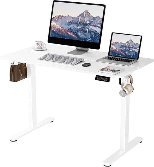 Electric Standing Desk, 43.3" x 23.6" Height Adjustable Sit Stand Desk with Splice Board for Home Office, Computer Desk Memory Preset (White Frame, White Desktop)