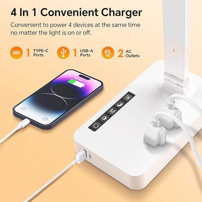 LAOPAO Desk Lamp with USB Charging Port: Power Strip with Surge Protection - 1 Type-C, 1 USB-A Charging Port, 2 AC Power Outlets, Desk Lamps for Home Office College Dorm Room Essentials