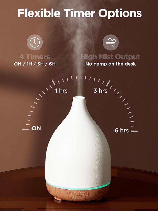 InnoGear Oil Diffuser, 300ML Ceramic Diffuser for Essential Oils Handcrafted Aromatherapy Diffuser Ultrasonic Cool Mist Humidifier with 4 Timers Waterless Auto Off for Room Office, White