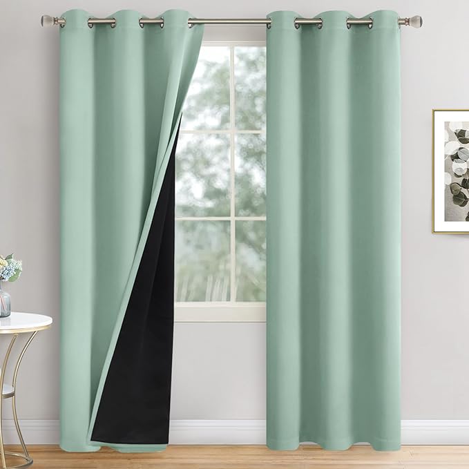 Frosty Green Blackout Curtains for Bedroom 84 Inch Length 2 Panels, Thermal Insulated 100% Light Blocking Soundproof Grommet Window Curtains for Living Room with Liner, Each 42 Inch Wide