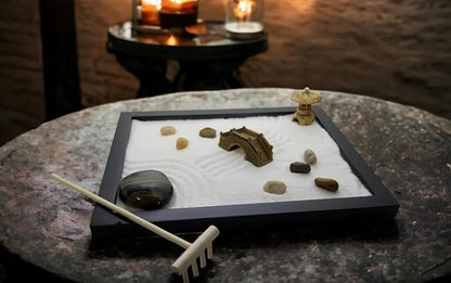 Zen Sand Garden for Desk with Rake, Rocks and Figures (Medium)