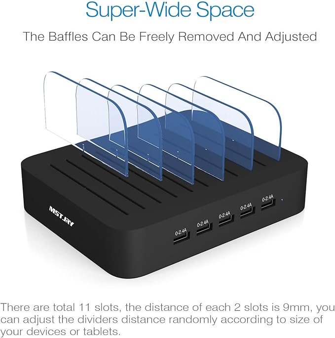 Charging Station for Multiple Devices, MSTJRY USB-A Charging Station Dock Switch Cell Phone 5 Port Charging Station, Designed for iPhone iPad Cell Phone Tablets (Black, 6 Short Cables Included)