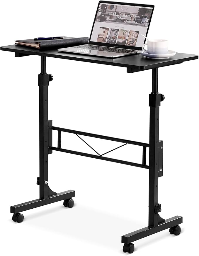 Small Standing Desk Adjustable Height, Mobile Stand Up Desk with Wheels, 32 Inch Portable Rolling Desk Small Computer Desk (Wood Grain Black)